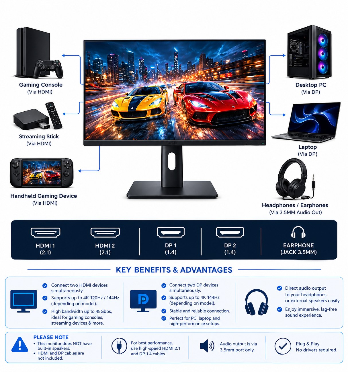 GAMEO monitor connectivity — DisplayPort, HDMI and audio device compatibility